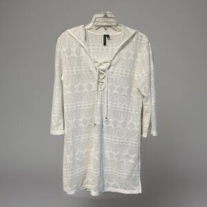 NWOT Portocruz Women's S White Lace-Up V-Neck Swim Cover Up Tunic Short Dress